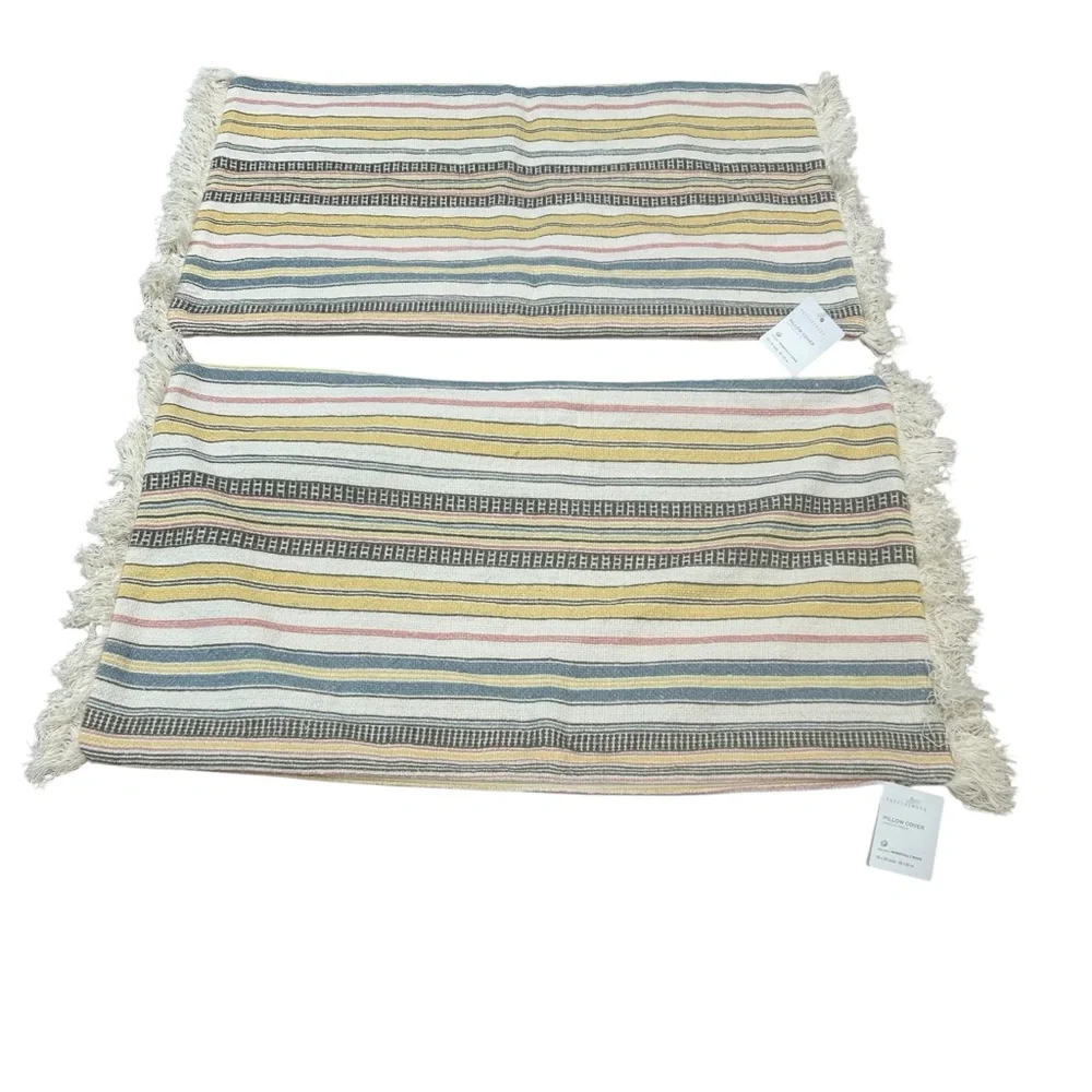 Pottery Barn Cassidy Striped Lumbar Pillow Covers Set/2 16x26 Cotton Linen woven
